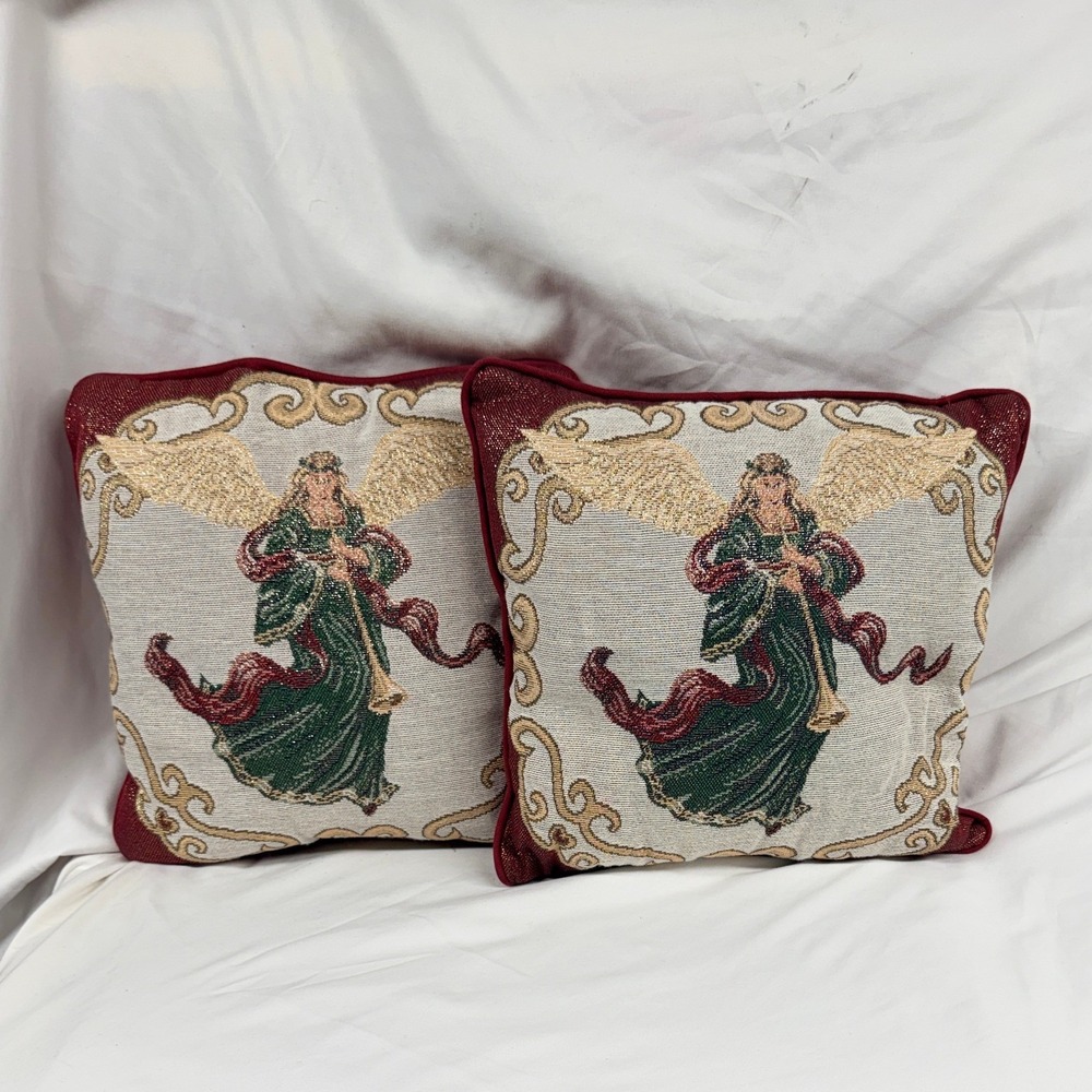 Set of 2 Vintage Angel Tapestry Throw Pillows Burgundy Gold Metallic Woven Decor